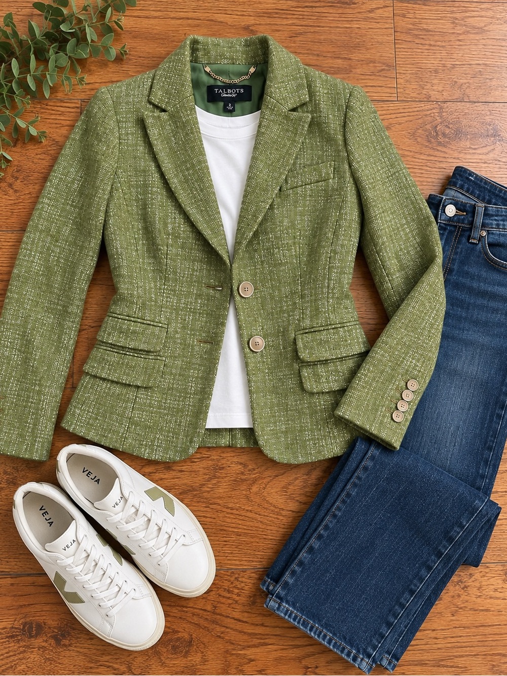 Talbots Green Cotton Linen Tweed Blazer Size 2 Preppy Equestrian Classic